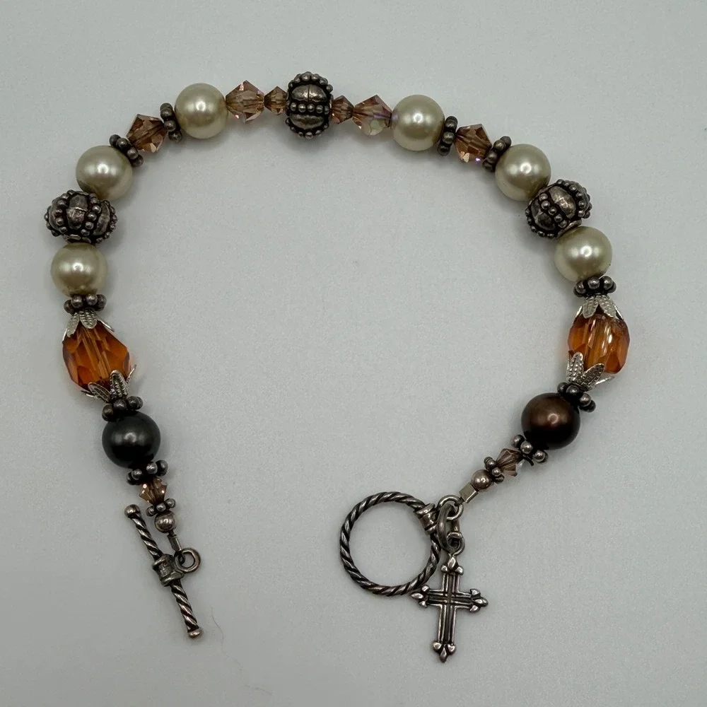 Vintage Style Beaded Cross Toggle Bracelet Cream Pearl Amber Crystal Silver Tone